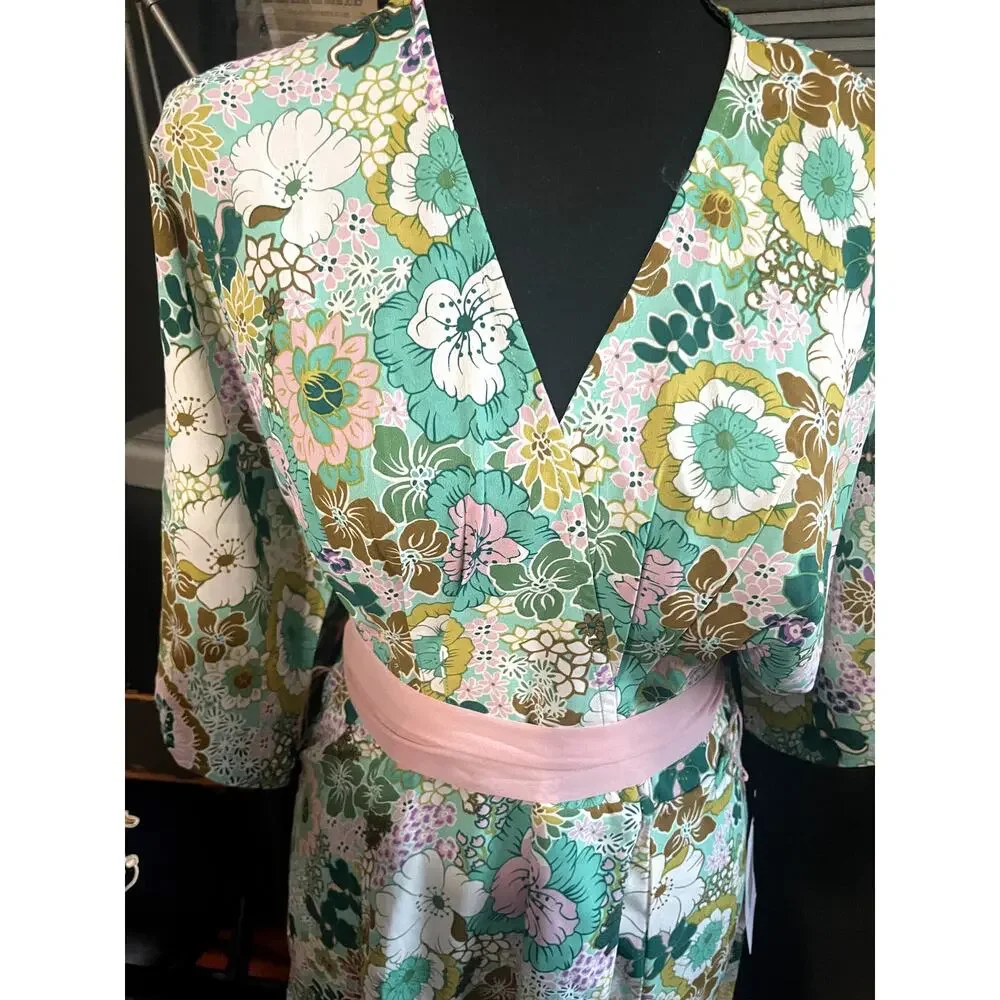 NWT Unique Vintage Mint Pink Floral Mod Maxi Wrap Dress Retro 60s 70s Size S/4